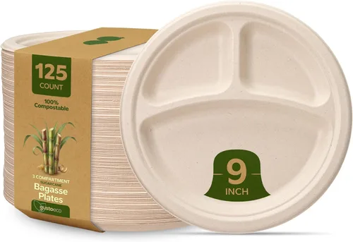 Miniatura 11 de GUSTO Platos de papel Kraft 100% compostables de 9 pulgadas [125 unidades] Vajilla desechable ecológica y resistente, platos llanos de bagazo