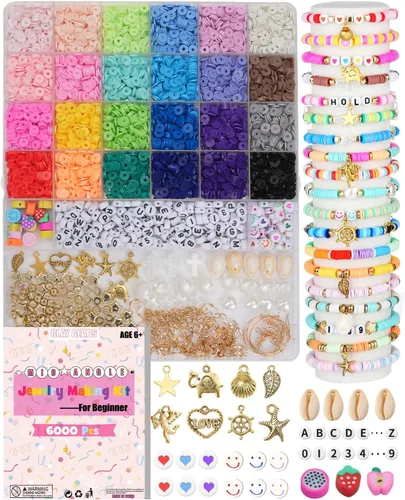 Mio Angle Kit de fabricación de pulseras de cuentas de arcilla de 24 colores, cuentas planas, para hacer joyas de amistad, cuentas heishi de