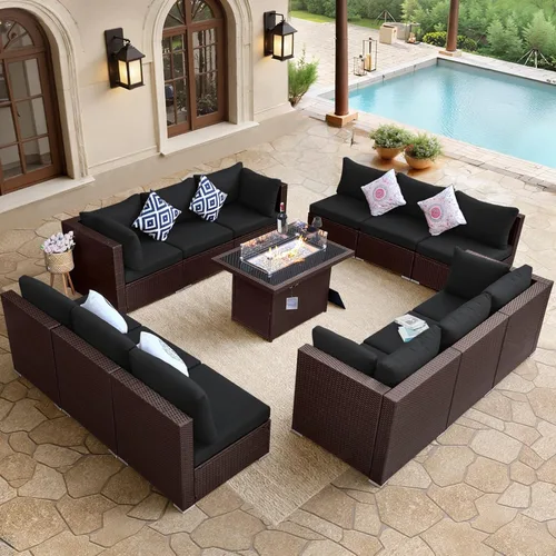 Miniatura 48 de BULEXYARD Juego de muebles de patio de respaldo alto de 7 piezas con mesa de fogata de combustible dual propano/gas natural, sofá seccional