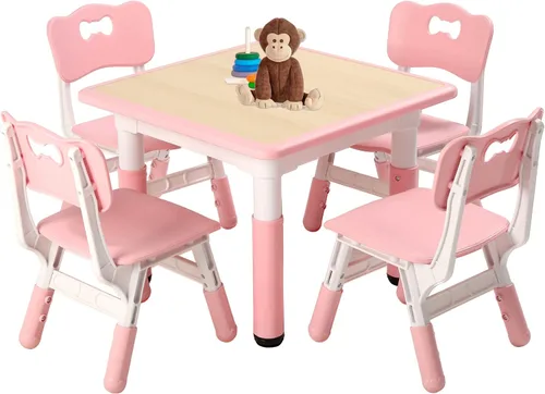 FUNLIO Juego de mesa y 4 sillas para niños, juego de mesa y sillas para niños de 3 a 8 años, fácil de limpiar, mesa de artes y manualidades, para