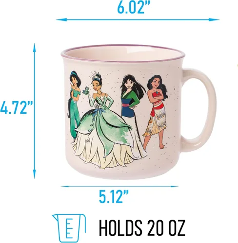 Miniatura 2 de Silver Buffalo Taza de cerámica estilo cámper Disney Princess "Live Your Story" con Jasmine, Tiana, Mulan y Moana, 20 onzas