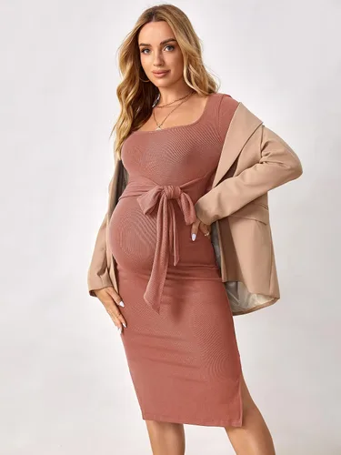 Miniatura 3 de OYOANGLE Vestido midi ajustado de manga larga con nudo frontal y cuello cuadrado para mujer
