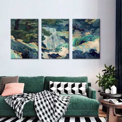 Miniatura 6 de 3 piezas de lienzo japonés enmarcado para pared, pintura de paisaje de cascada grande, póster impreso en lienzo envolvente, obra de arte