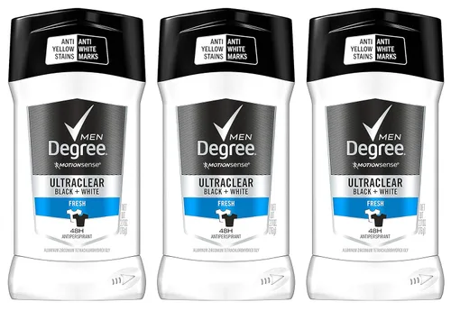 Degree Motionsense - Antitranspirante para hombre, color negro y blanco ultraclear, fresco, peso neto de 2.7 onzas (2.68 oz) por barra, paquete de 3