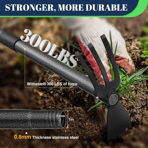 Miniatura 7 de Herramienta multiusos de azada de jardín, resistente ajustable (16 a 30 pulgadas) con mango ergonómico, acero recubierto antioxidante