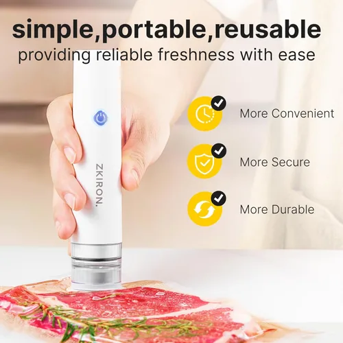 Miniatura 3 de ZKIRON Sellador al vacío compacto para alimentos: potente máquina selladora al vacío de mano con 12 bolsas de vacío reutilizables, 5 veces