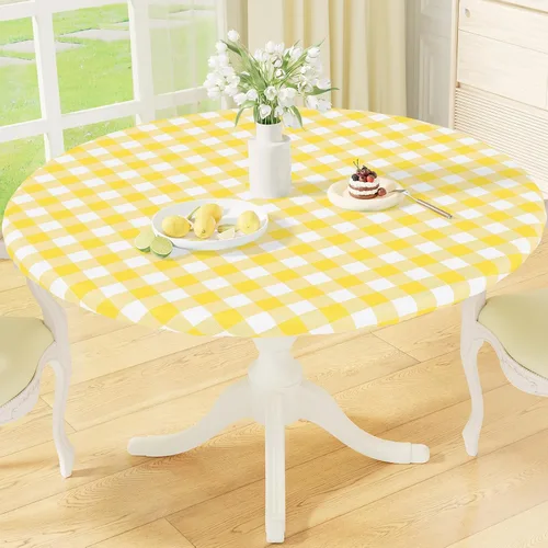 Miniatura 13 de misaya Mantel redondo ajustable con borde elástico, mantel de vinilo impermeable a cuadros de búfalo con parte trasera de franela para mesas