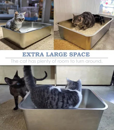 Miniatura 7 de WENBOKMIN Caja de arena para gatos de acero inoxidable, caja de arena poco profunda de 4 pulgadas para gatos y gatitos mayores, bandeja de arena