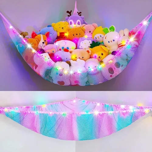 Miniatura 29 de Unicorn Castle Red de animales de peluche o hamaca organizador de almacenamiento de juguetes para niños con luz LED colgante en esquina soporte