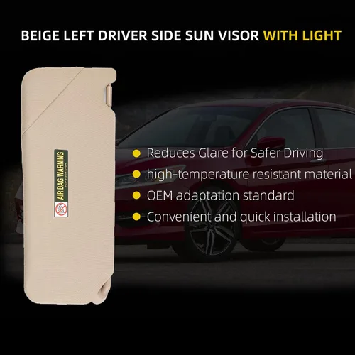 Miniatura 3 de Dasbecan Parasol para el lado izquierdo del conductor beige con luz compatible con Honda Accord 2008-2017, reemplaza # 83280-TA5-A51ZA