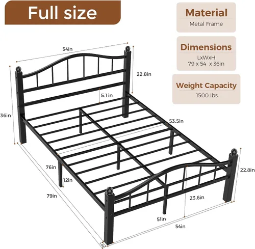 Miniatura 2 de Marco de cama de tamaño completo con cabecero, diseño libre de ruido y espacio de almacenamiento debajo de la cama, marco de cama de metal Negro