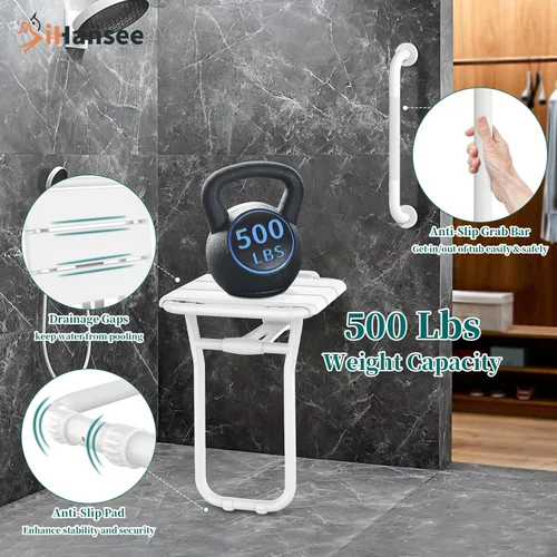 Miniatura 2 de Asiento de ducha plegable montado en la pared, capacidad de 500 libras, banco de ducha de acero inoxidable de 14 x 16 pulgadas con barra de agarre