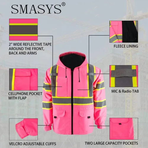 Miniatura 4 de SMASYS Hi-Viz - Impermeable grueso resistente al viento, chaqueta de seguridad y visibilidad protectora con forro polar, ropa de trabajo cálida