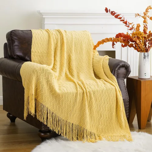 Miniatura 6 de BATTILO HOME Manta amarilla para sofá, manta dorada suave con textura, manta decorativa de punto mostaza para sofá, cama y sala de estar, 50 x 60