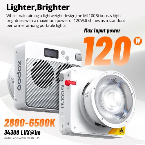 Miniatura 2 de Godox ML100Bi - Luz de video LED de 120 W, kit de iluminación de video bicolor de 2800K-6500K, 34300 Lux CRI 97+/TLCI 98+, control de aplicación