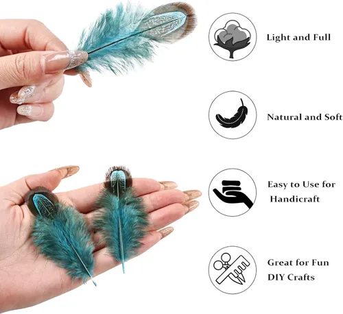 Miniatura 2 de FeelfunFeather 60 plumas de plumaje de faisán azul aguamarina de 2-3 pulgadas, plumas de plumaje naturales esponjosas moteadas para costura
