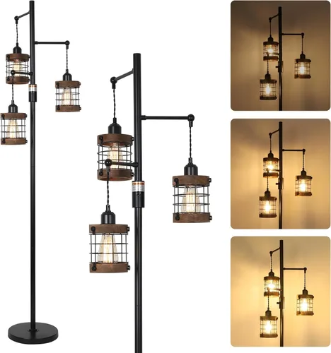 Lámparas de pie regulables para sala de estar, lámpara de pie industrial de 3 luces con jaula de madera y metal, lámpara de pie de granja lámpara de