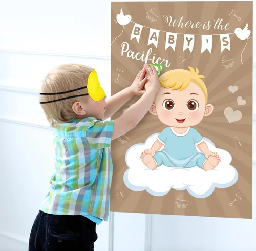 Miniatura 6 de Hxezoc Pin de juego para baby shower, con 72 calcomanías para chupete, póster grande de juegos de fiesta de bebé para niños, baby shower