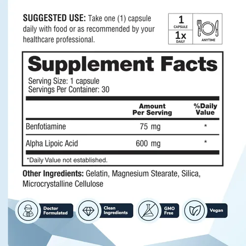 Miniatura 3 de Nervala - Ácido alfa lipoico 600 mg - Suplemento antioxidante ALA para nervios, energía y circulación - Extra fuerte con benfotiamina - Fabricado