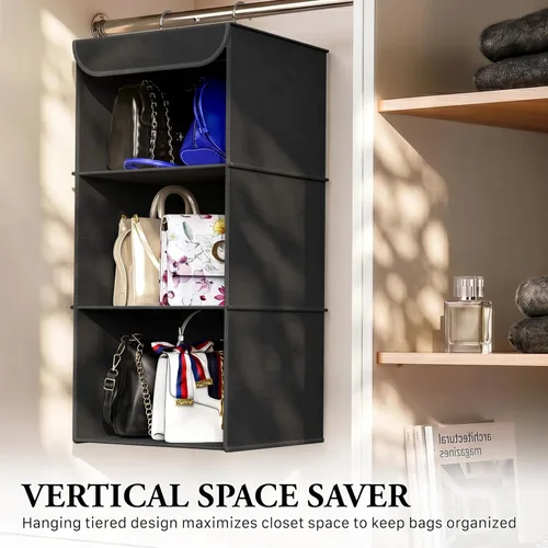 Miniatura 7 de Simple Houseware Organizador de armario colgante de 3 estantes, estantes de almacenamiento de tela con capacidad de 57 litros, color negro