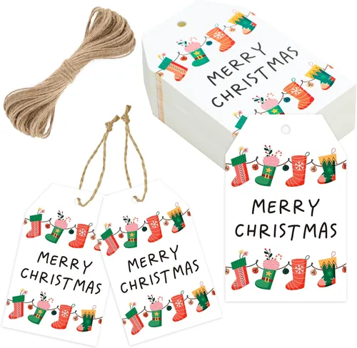 Miniatura 7 de joycraft 50 etiquetas de Feliz Navidad con cuerda - 3.3 x 2.1 pulgadas etiquetas blancas de papel con calcetín navideño, etiquetas colgantes