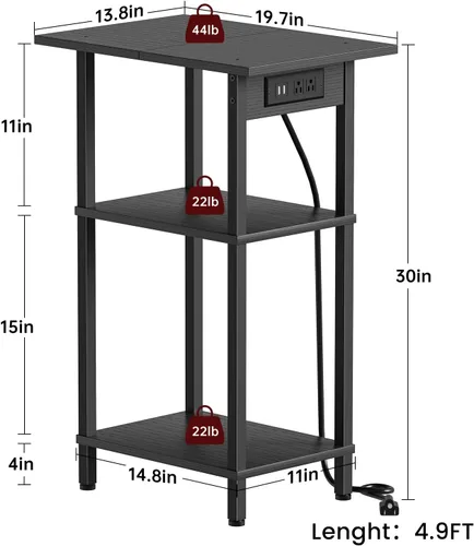 Miniatura 3 de Asgolion - Mesa auxiliar alta con estación de carga, mesita de noche delgada con puertos USB y tomas de corriente, mesa lateral estrecha de 3 Negro