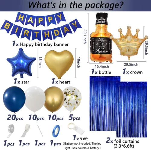 Miniatura 3 de Decoraciones de cumpleaños azul marino para hombres con pancarta de feliz cumpleaños, cortinas, botella, corona, globos de estrella de corazón y luz