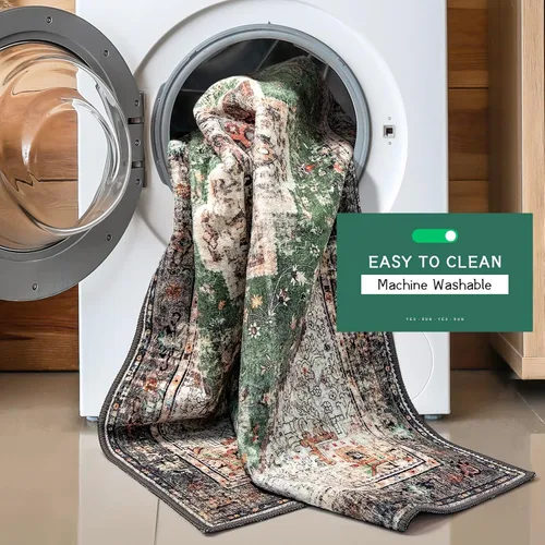 Miniatura 3 de Alfombra de área de 5 x 7 pies para sala de estar, alfombra verde boho antideslizante lavable, alfombra vintage de pelo bajo, alfombra grande