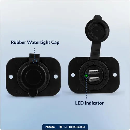 Miniatura 4 de Five Oceans Enchufe de alimentación USB de doble puerto impermeable marino, 12 voltios - 24 voltios, plástico ABS estabilizado UV, fácil