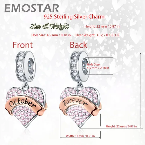 Miniatura 2 de Dijes de piedra natal de enero a diciembre para pulsera de cumpleaños europea, colgante colgante colgante en forma de corazón de plata de ley 925