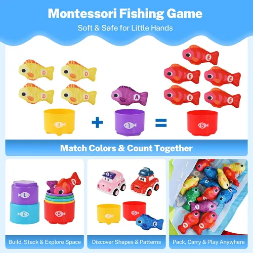 Miniatura 3 de Goldge Juguetes Montessori 2 en 1 para niños de 1 año - Juego de pesca para niños pequeños con tazas apilables y autos abatibles, juguete