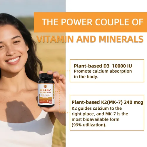 Miniatura 4 de M inch Vitamina D3 K2 con magnesio, vitamina D3 10000 UI, vitamina K2 MK-7 240 mcg, suplemento de vitamina K2 D3 6 en 1 con quercetina para hueso