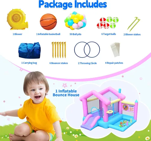Miniatura 7 de Casa inflable para saltar para niños de 3 a 10 años, castillo hinchable de 123" L x 110", para saltar, con tobogán, aro de baloncesto, fosos