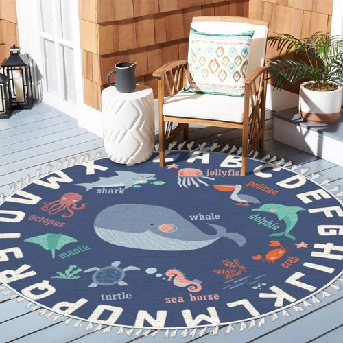 Miniatura 2 de ABC - Alfombra redonda con tema oceánico de ballena, para niños, niñas, dormitorio, cuarto de bebé, sala de juegos, 4 pies, lino y algodón, lavable