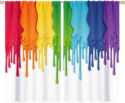 Miniatura 100 de Cortinas opacas abstractas de arco iris, pintura de color arcoíris con gotas, diseño gráfico creativo con bolsillo para barra, para sala de estar