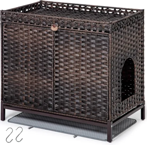 SETVSON Mueble Caja de Arena para Gatos, Caja de Arena Oculta de Ratán Tejido a Mano con Alfombrilla, Casa Grande para Gatos con Patas Elevadas de