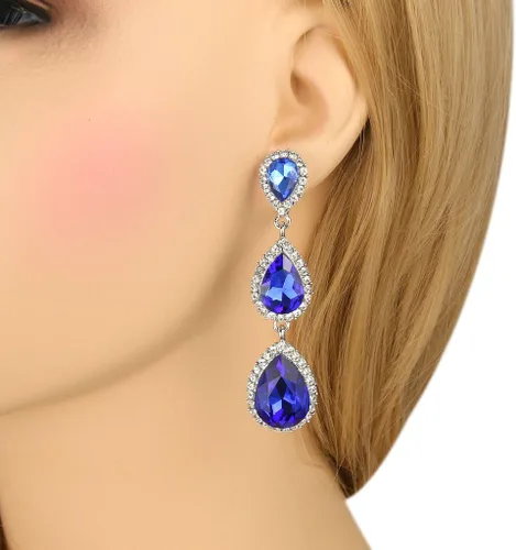 Miniatura 29 de EleQueen Pendientes de cristal austriaco en tono dorado para mujer, forma de pera de 2.5 pulgadas, color esmeralda