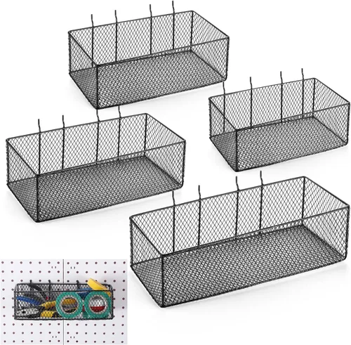 Norme Juego de 4 cestas de tablero de clavijas de 4 tamaños, organizador de pared de metal, estilo cuadrado, cubos de alambre para montaje en pared,