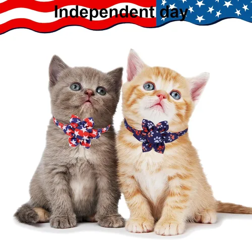 Miniatura 3 de ADOGGYGO Collares de gato con bandera americana con campana de flor removible, ajustables, patrón de bandera del 4 de julio en rojo y azul, collares
