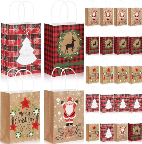 Miniatura 8 de Resholder 48 Piezas Bolsas de Papel Kraft de Regalo de Navidad a Granel con Asas Bolsas de Dulces Navideñas Reutilizables para Regalos Suministros