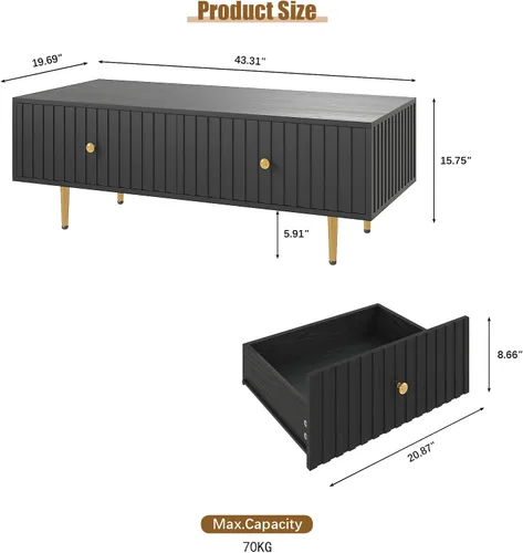 Miniatura 2 de HedoAjim Mesa de centro moderna con almacenamiento con 2 cajones grandes, mesa auxiliar rectangular negra para sala de estar, mesa de té acanalada