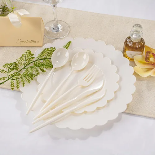 Miniatura 5 de Supernal 180 cubiertos de plástico resistentes color marfil, cubiertos desechables de color beige para fiestas, incluye 60 tenedores, 60 tejidos, 60