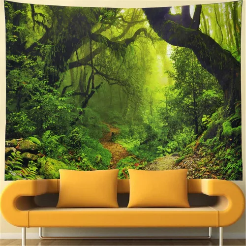 Miniatura 3 de Leofanger Tapiz de bosque brumoso, tapiz de pared de árbol verde natural, paisaje de selva tropical, para colgar en la pared para dormitorio, sala