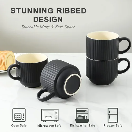Miniatura 4 de HASENSE Juego de 4 tazas de café de cerámica con soporte, tazas grandes apilables para café con soporte de metal, aptas para lavavajillas y Negro