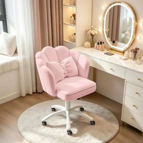 Miniatura 7 de Petal - Silla de escritorio con cojín de lazo, silla de tocador de terciopelo con ruedas, silla tapizada de oficina en casa para niñas y mujeres