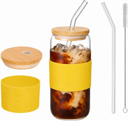 Miniatura 11 de Taza de bambú de vidrio de 16 onzas con tapa y pajita, juego de tazas de café de vidrio de 16 onzas, batido, cerveza, jugo, matcha, vasos estéticos