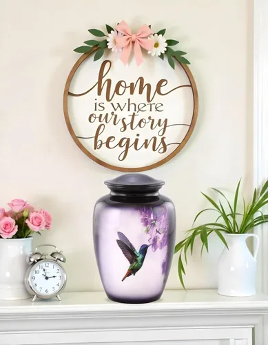 Miniatura 5 de Urnas de cremación de colibrí para cenizas de adultos, urnas decorativas grandes moradas para cenizas humanas, recipiente conmemorativo hecho a mano