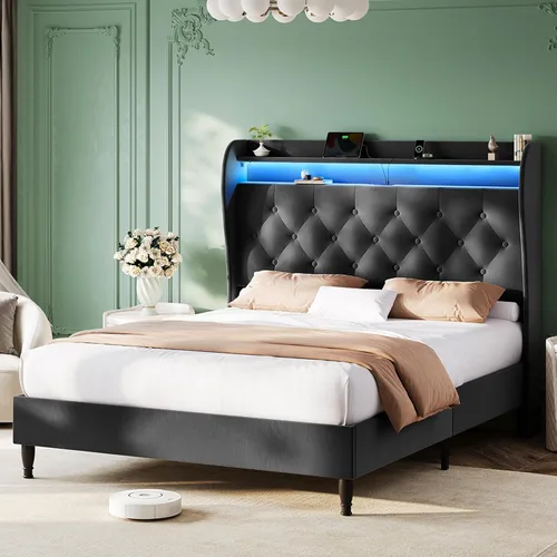 Miniatura 11 de Base de cama tamaño King con cabecera alta, base de cama tapizada con estación de carga y luces LED, moderna cabecera de almacenamiento con respaldo