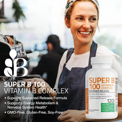 Miniatura 3 de Bronson Super B100 Complejo de Vitamina B de liberación sostenida contiene todas las vitaminas B (vitamina B1, B2, B3, B6, B9 - ácido fólico, B12)