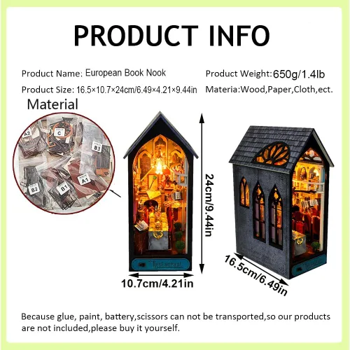 Miniatura 2 de Kit de casa en miniatura de bricolaje, kit de rincón de libro de estilo europeo, diseño de espejo ilusión, kit de casa de muñecas en miniatura